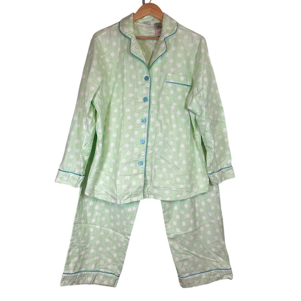 Adonna 100% Cotton Flannel Pajama Set Womens XL Lime Green Polka Dot Kidcore